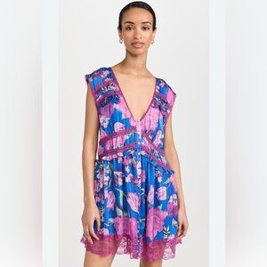 Floral V-Neck Dress in Blue and Pink